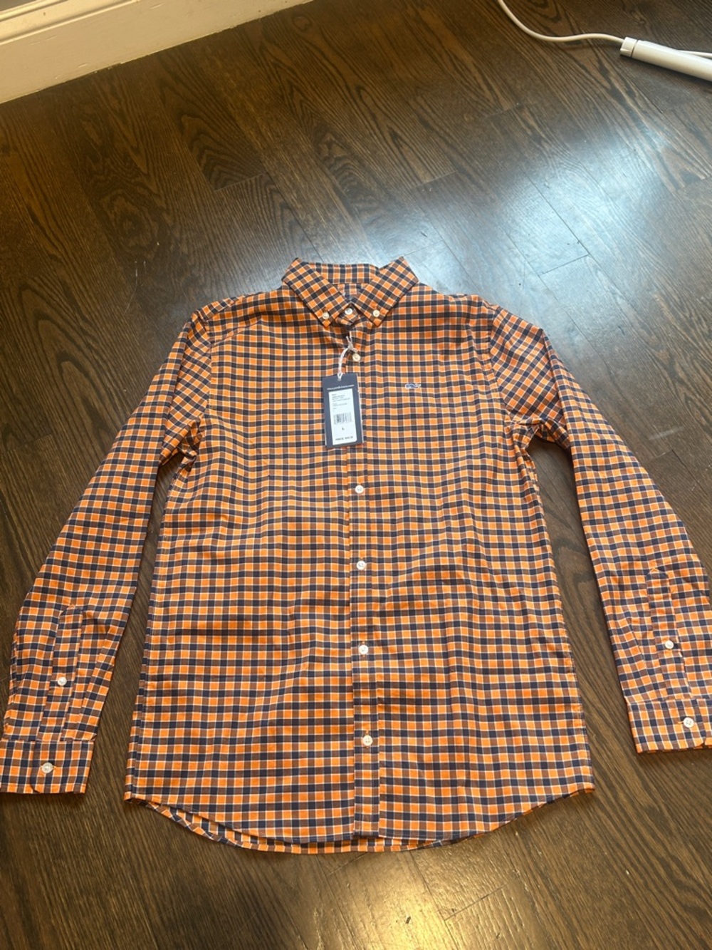 Youth Vineyard Vines Orange & Navy Check Button-Down Shirt L (16)